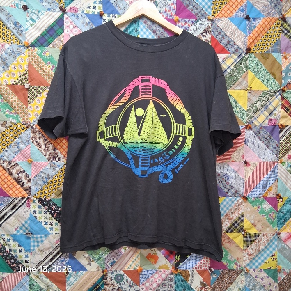 Vintage 80s San Diego Sailboat T Shirt Rainbow Hanes 100 Cotton Single Stitch XL